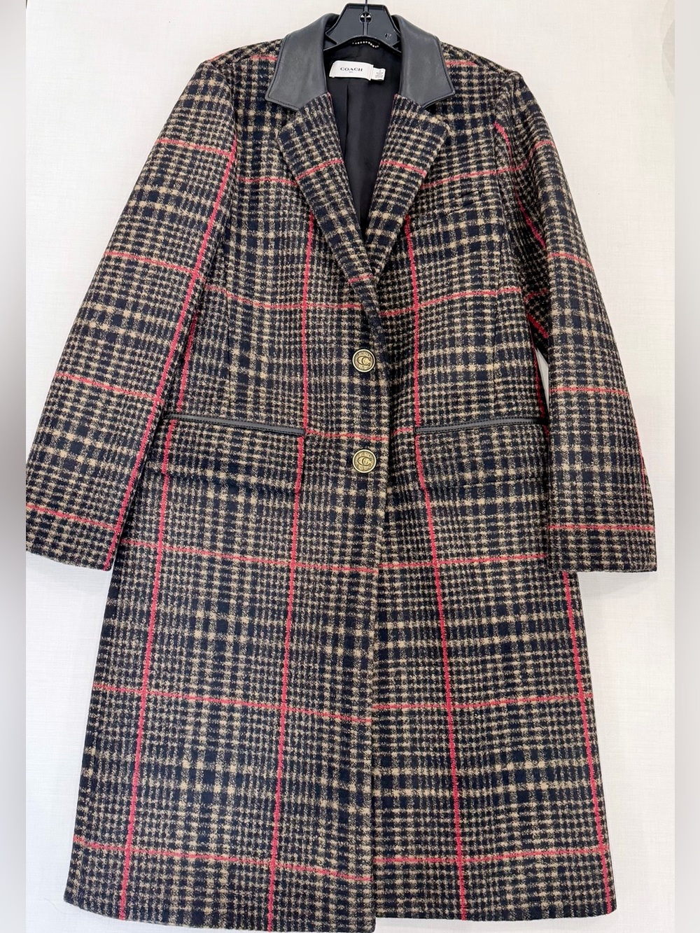 New Coach Heritage Plaid Long Coat with Leather Collar Size 6 – New Without Tag